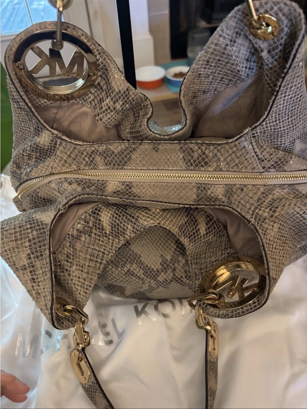Michael Kors Beige Taupe Snake-Print Shoulder Hobo Bag - Picture 4 of 6